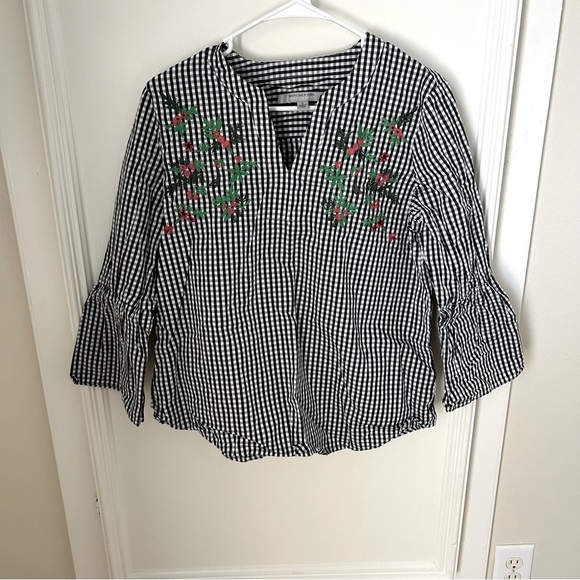 Andrew Marc New York Black White Gingham Floral Embroidered Blouse Small - Picture 1 of 8